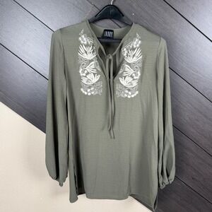 Ivory Women's Small Olive Green Embroidered Tie Neck Blouse Boho Peasant Top